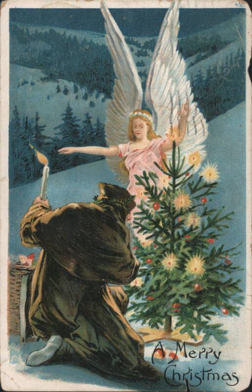 Angel, Kneeling Man, Christmas Tree, Snowy Landscape, A Merry Christmas