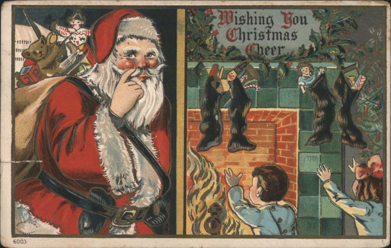 Santa Claus with Finger to Lips, Children by Fireplace, Wishing You Christmas Cheer