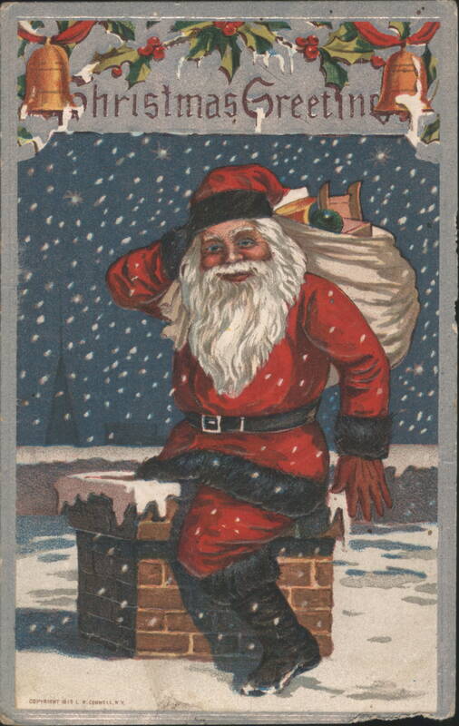 Santa Claus on Chimney with Christmas Greetings, Snowy Night