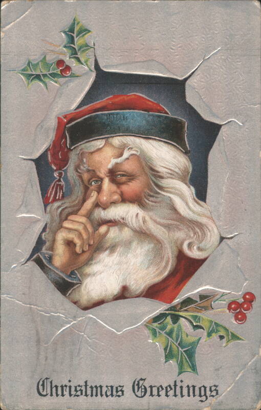 Santa Claus Winking with Finger to Nose, Christmas Greetings, Holly