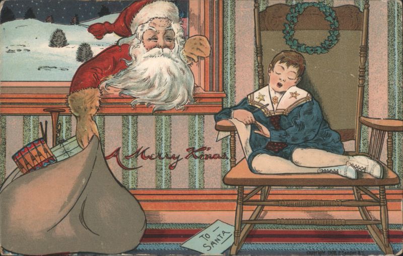Santa Claus Peeking at Sleeping Boy on Christmas Eve