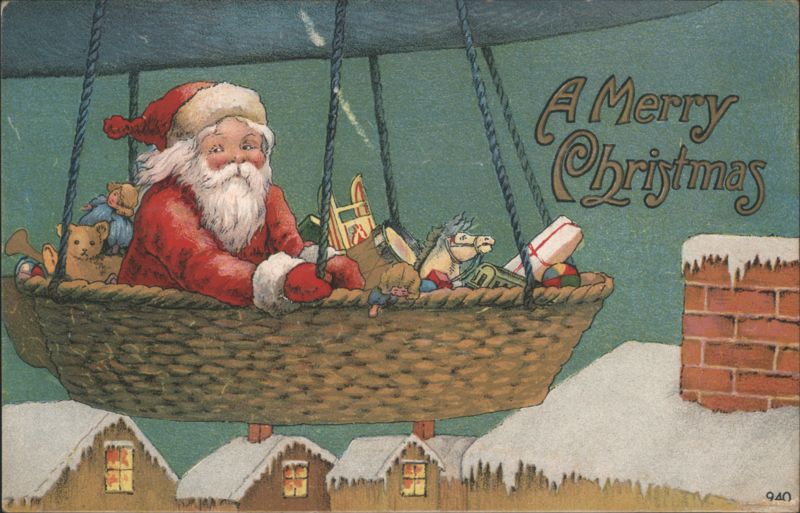 Santa Claus in Hot Air Balloon Basket Flying Over Snowy Village