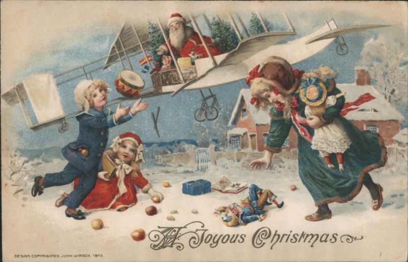 Santa Claus Flying Biplane with Toys, Children in Snowy Christmas Scene