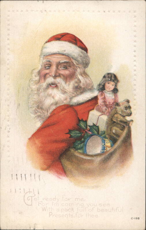 Santa Claus Delivering Christmas Presents with Child and Teddy Bear
