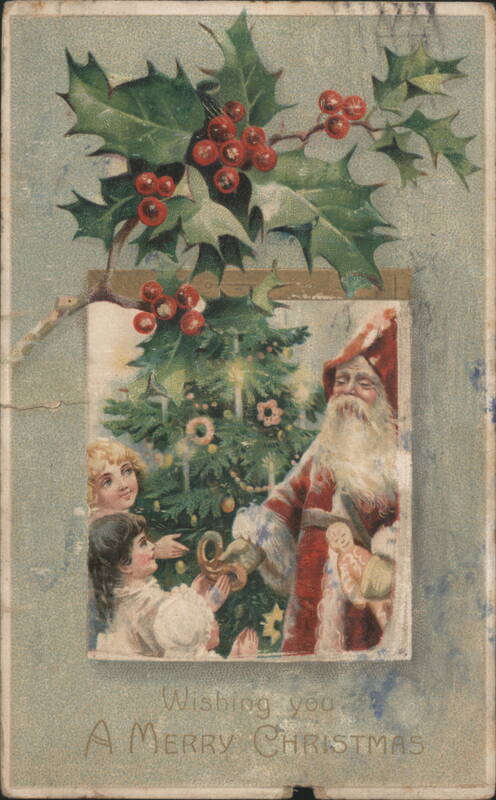 Santa Claus with Children and Christmas Tree, Holly Berries