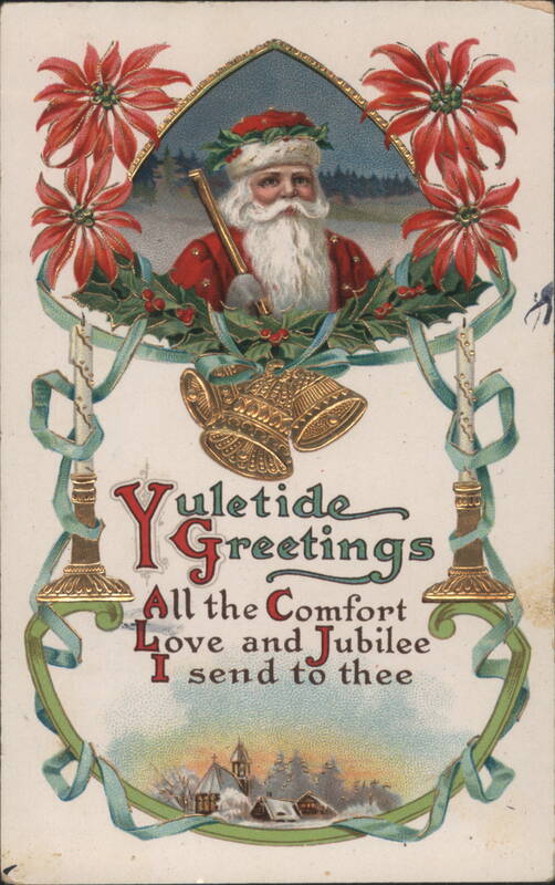 Santa Claus Yuletide Greetings with Poinsettias and Holly