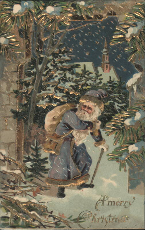 Santa Claus in Snowy Forest with Gilded Pines, Merry Christmas Greeting