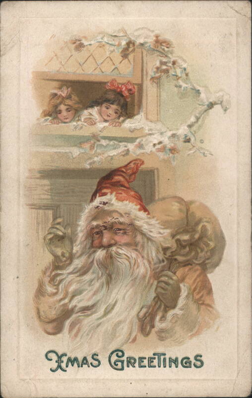 Santa Claus with Sack of Toys & Children in Window, Xmas Greetings