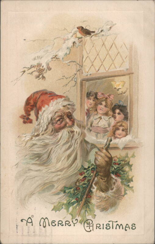 Santa Claus & Children at Window, Snowy Christmas Scene