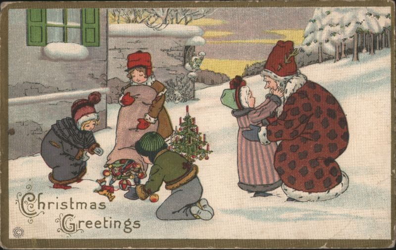 Christmas Greetings with Children, Santa-like Figure & Snowy Scene
