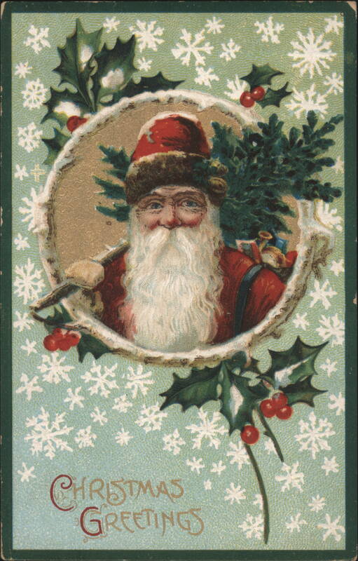 Santa Claus with Holly & Snowflakes, Christmas Greetings