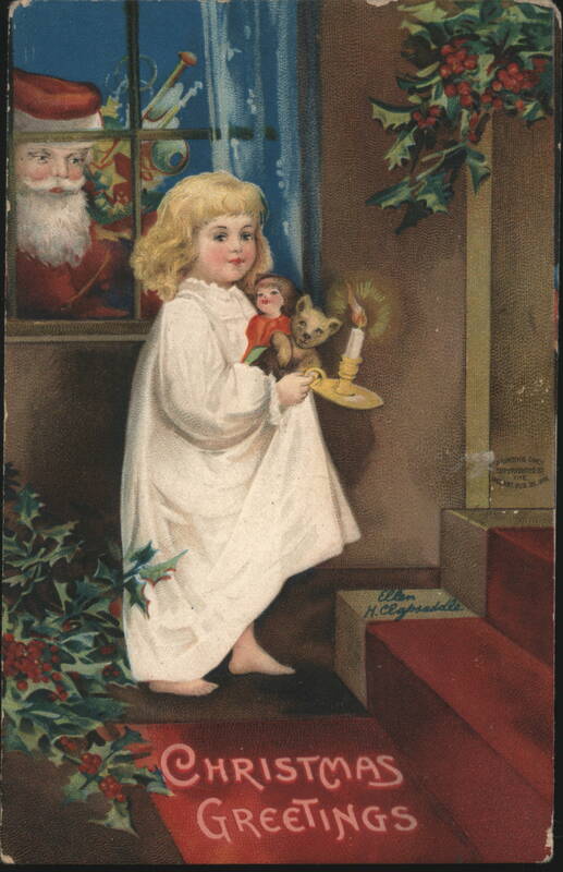 Christmas Greetings Girl with Doll, Teddy Bear, Candle & Santa