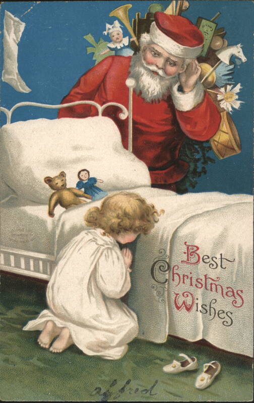 Best Christmas Wishes - Girl Praying by Bedside, Santa with Toys