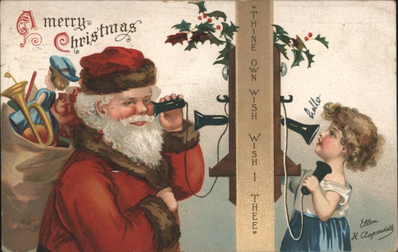 Santa Claus on Telephone with Child, Christmas Greeting