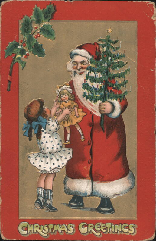 Santa Claus with Christmas Tree and Little Girl Holding Doll