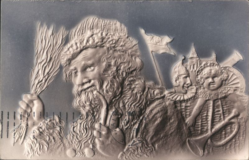 Embossed Santa Claus with Children, Flag, and Horn for Christmas