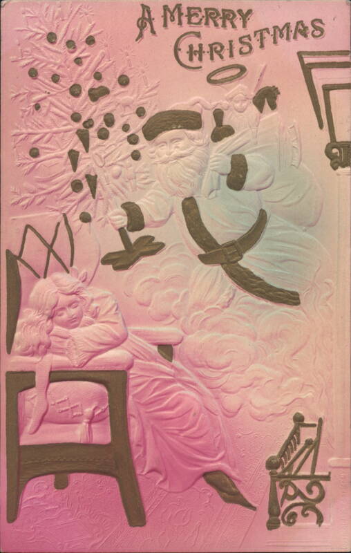 Santa Claus with Sleeping Child & Christmas Tree, Embossed