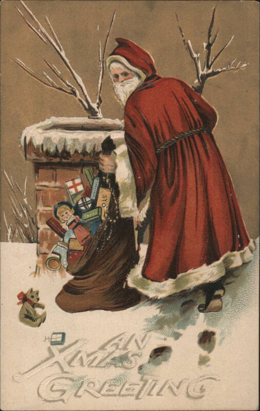 Santa Claus with Sack of Toys Emerging from Snowy Chimney, Xmas Greeting