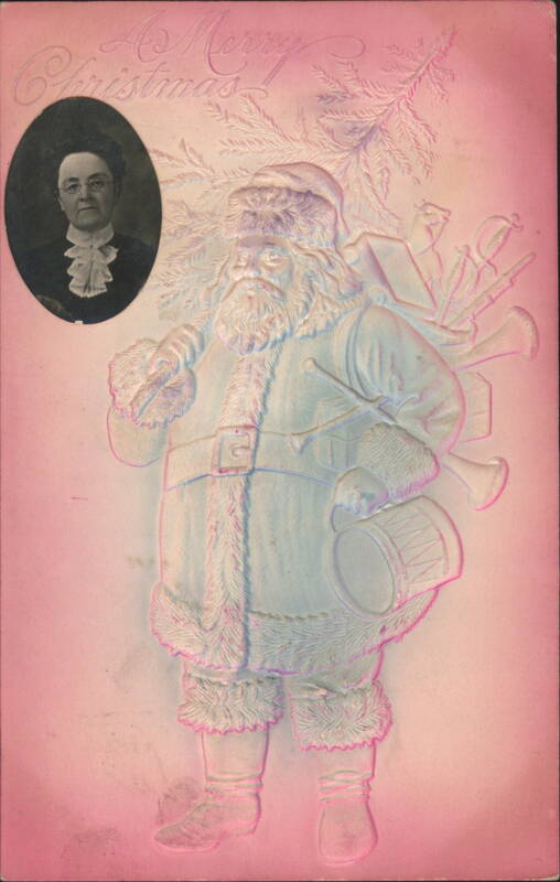 Embossed Santa Claus with Drum and Woman's Portrait, Merry Christmas Greeting