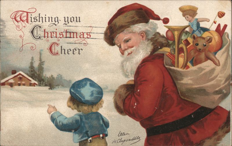 Santa Claus with Sack of Toys and Child, 'Wishing you Christmas Cheer'