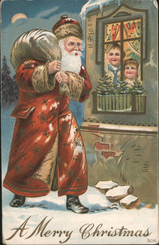 Santa Claus with Sack, Children Watching from Window, A Merry Christmas