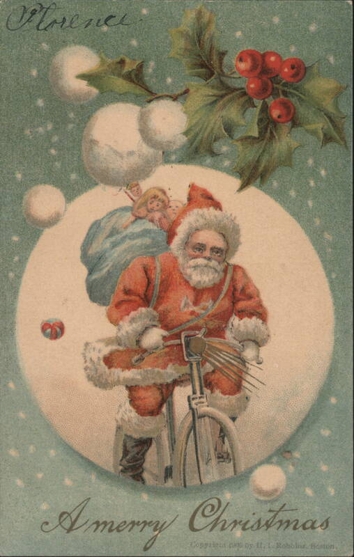 Santa Claus on Bicycle with Toys and Holly, A Merry Christmas