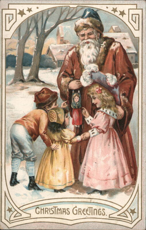 Santa Claus Giving Doll to Children in Snowy Village