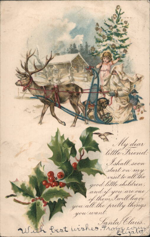 Santa Claus with Child, Deer, Sleigh, Christmas Tree, and Holly
