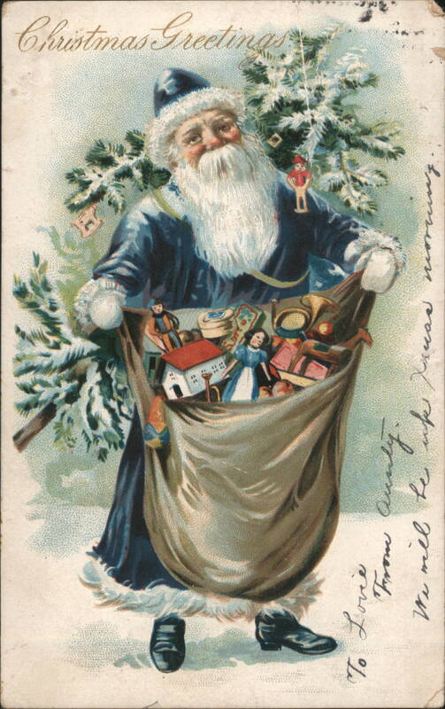 Santa Claus in Blue Coat with Sack of Toys, Christmas Greetings