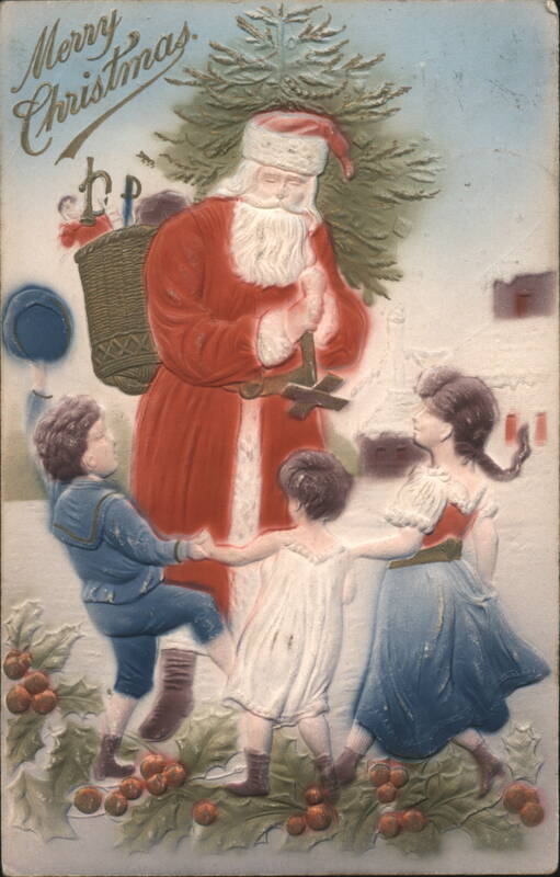 Merry Christmas Santa Claus with Children and Tree in Snow