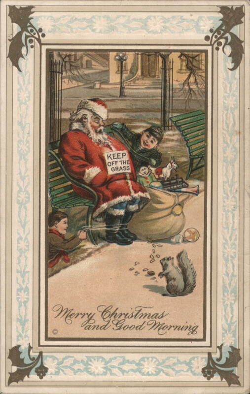 Humorous Santa Claus on Park Bench with Keep Off Grass Sign