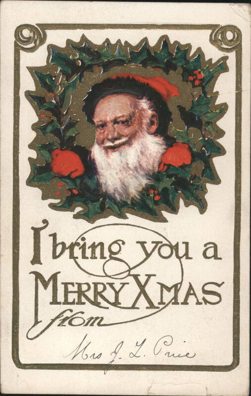 Santa Claus in Holly Wreath, Merry Christmas Greeting