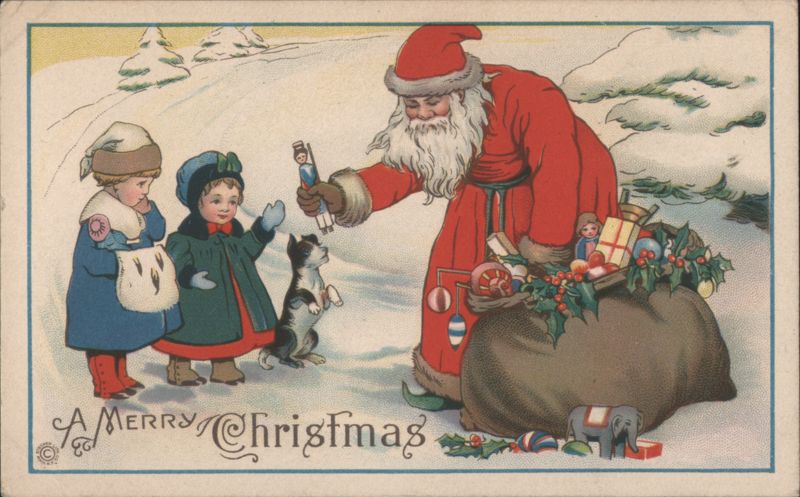 Santa Claus Giving Toys to Children in Snow