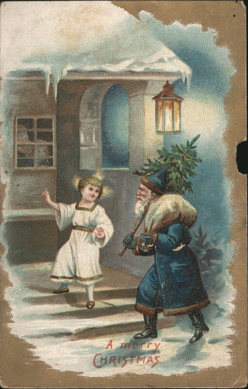 Santa Claus and Christ Child with Christmas Tree in Snow