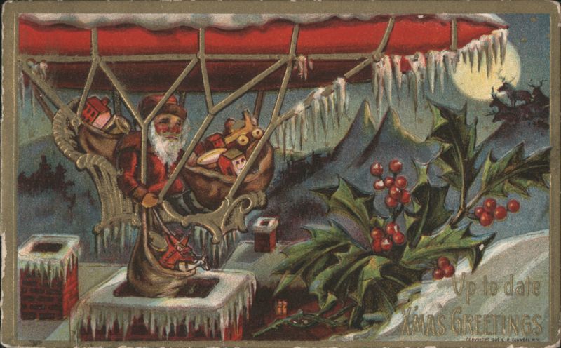 Santa Claus Delivering Gifts Up to Date with Icicles and Holly