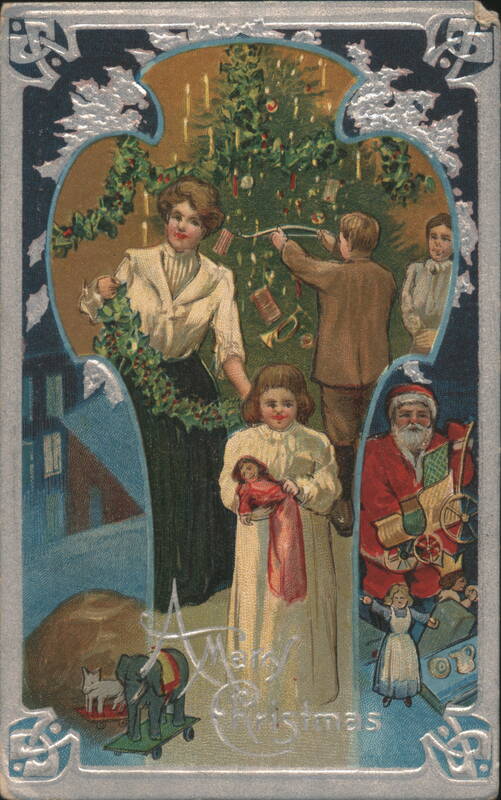 Merry Christmas with Family Decorating Tree, Santa Claus, and Toys