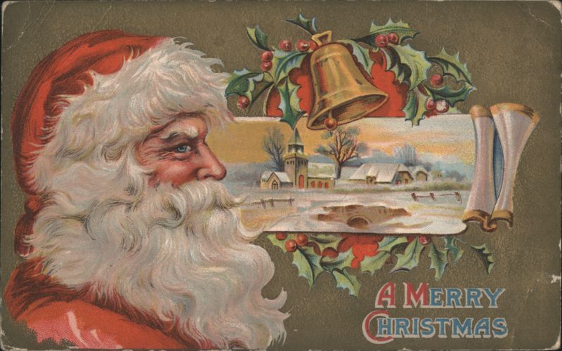 Santa Claus Profile with Winter Village Scene, Holly & Christmas Bell