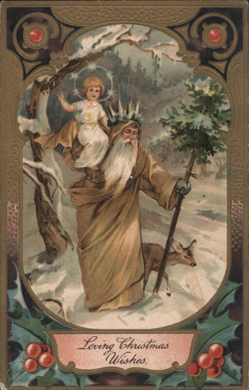 Father Christmas with Child and Deer in Snowy Woods, Loving Christmas Wishes