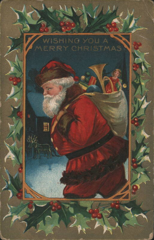 Santa Claus with Sack of Toys, Holly Frame, Merry Christmas Greeting