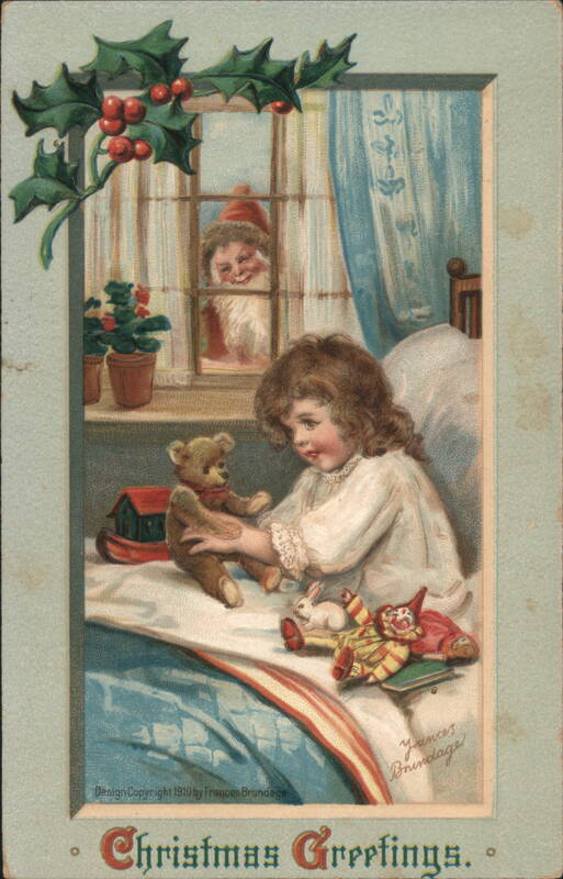 Young Girl Playing with Toys, Santa Claus Peeking, Christmas Greetings
