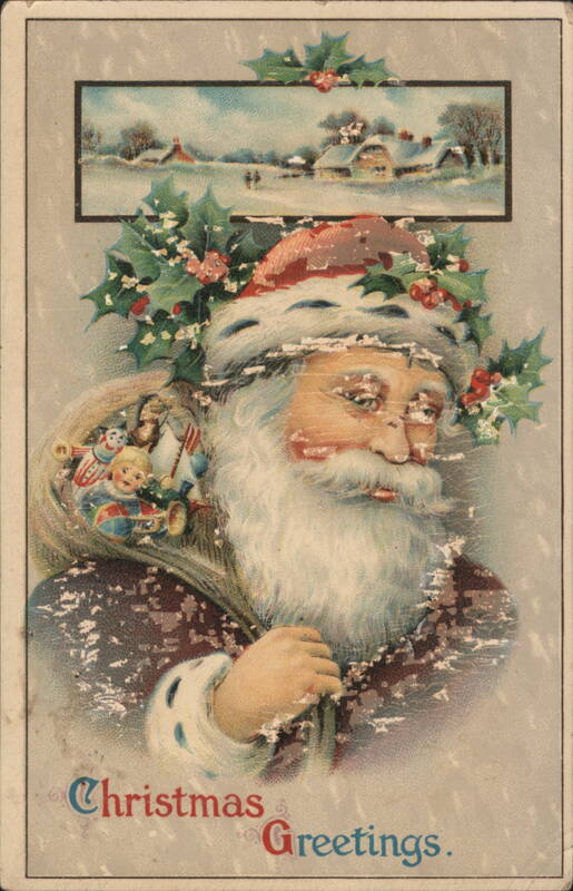 Santa Claus with Toys and Winter Village - Christmas Greetings