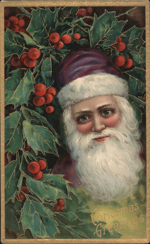 Santa Claus in Purple Hat with White Beard and Holly Berries, Christmas Greetings