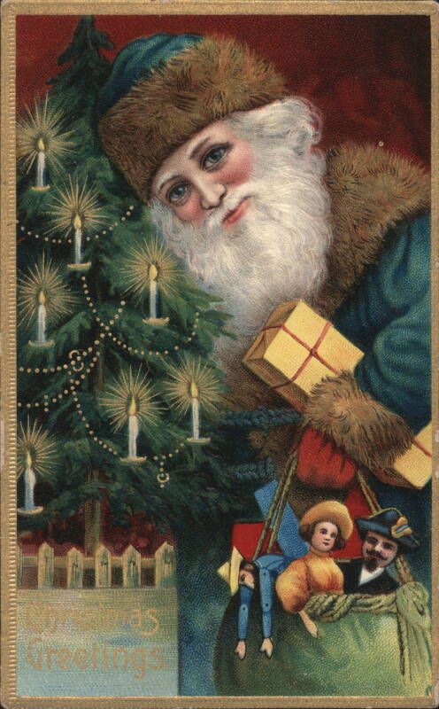 Santa Claus with Christmas Tree and Sack of Toys, Christmas Greetings