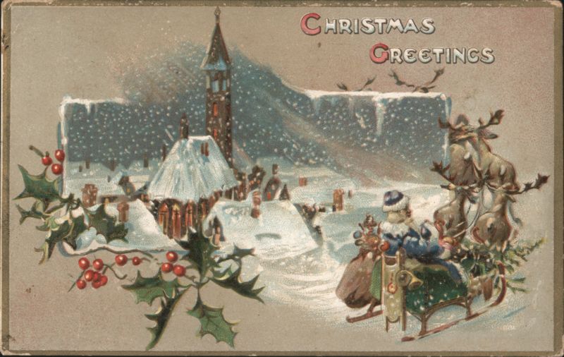 Santa Claus Sleigh Ride over Snowy Village, Christmas Greetings