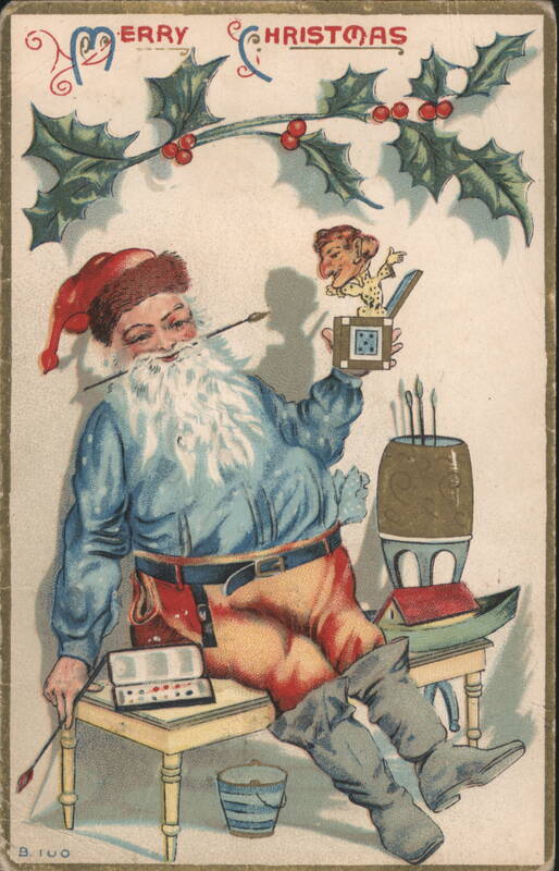 Santa Claus as an Artist Painting a Tiny Man in a Box, Merry Christmas