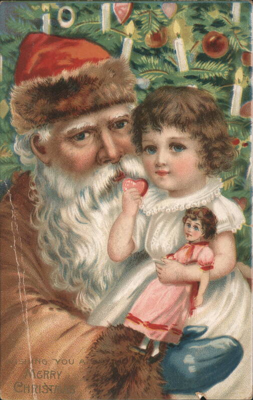 Santa Claus Holding Child with Doll & Christmas Tree, Wishing You a Merry Christmas