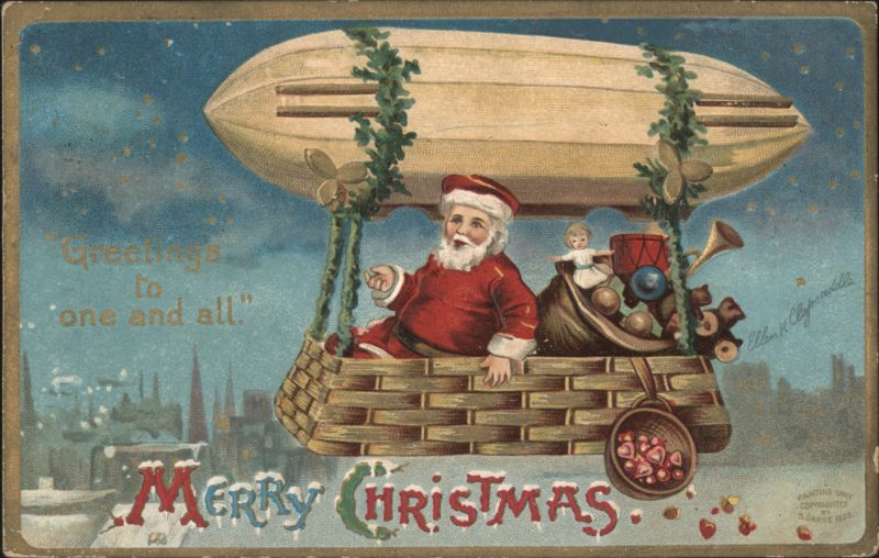 Santa Claus in a Blimp with Toys, Merry Christmas Greetings