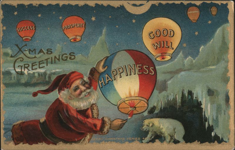Santa Claus and Polar Bear with Hot Air Balloons of Xmas Greetings