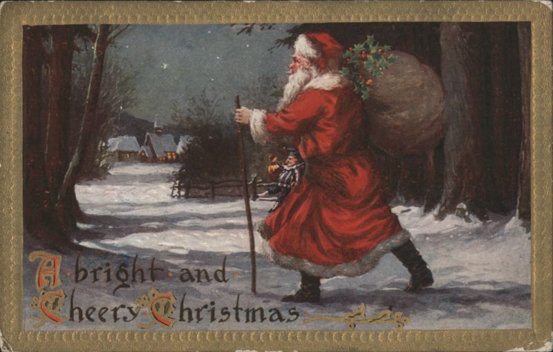 Santa Claus Walking Through Snowy Forest, 'A bright and cheery Christmas'