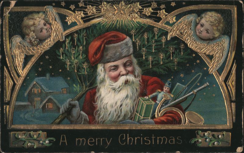 Santa Claus with Angels & Snowy Village Christmas Greeting